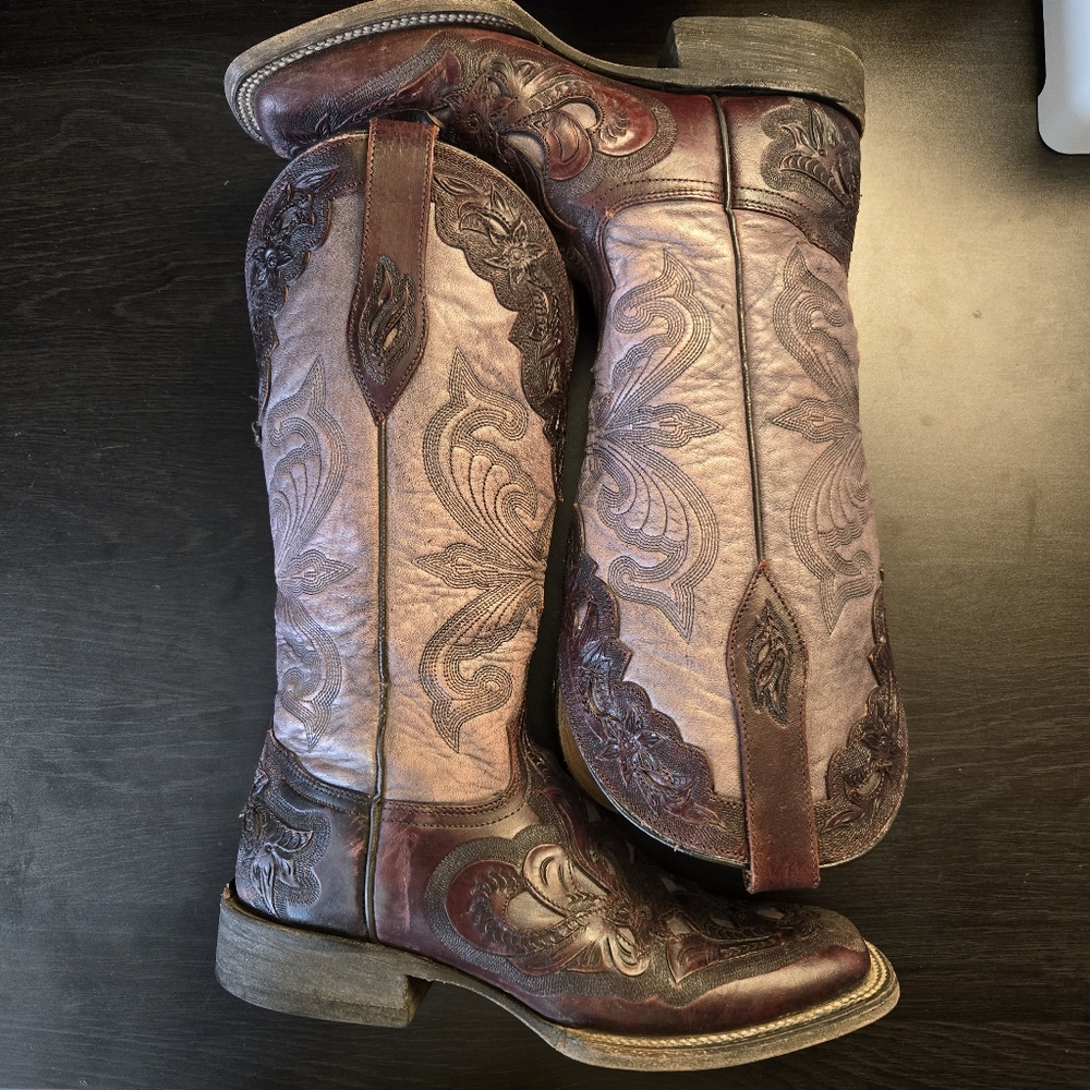 Stetson Women's Tooled Wicks Inlay Square Toe Western Boots Size 6.5 Purple Plum
